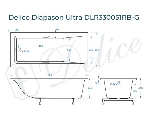 Ванна из литьевого мрамора Delice Diapason Ultra с узким бортом 170х80 глянцевая с черными ручками