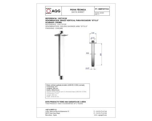 Потолочный квадратный кронштейн AQG STYLO длиной 20 см, для верхнего душа, хром
