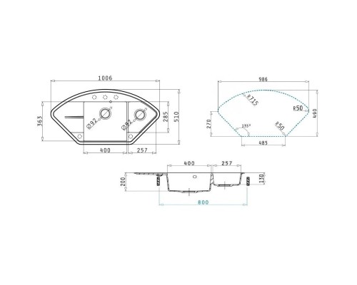 Кухонная мойка кварцевая Uperwood Quartz UPD-06-01, угловая двухсекционная, белая