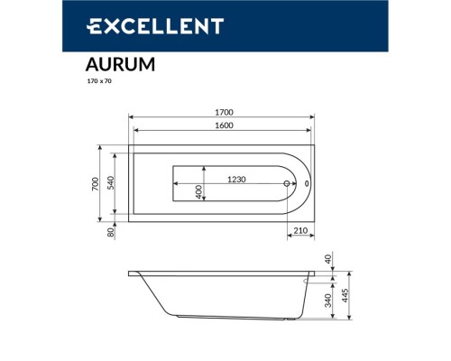 Ванна гидромассажная EXCELLENT Aurum 170x70 HYDRO хром