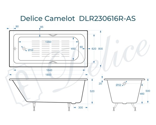 Ванна чугунная Delice Camelot 180х80 с отверстиями под ручки и антискользящим покрытием