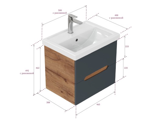 Тумба под раковину Onika Айленд 50 подвесная, графит/дуб крафт золотой