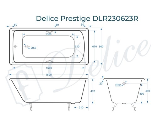 Ванна чугунная Delice Prestige 180х80 с отверстиями под ручки