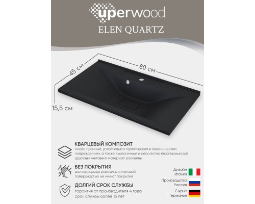Раковина для ванной кварцевая Uperwood Elen Quartz 80х45х15,8 см, черная матовая, уголь