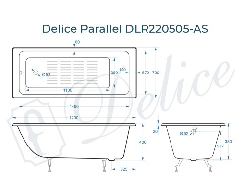 Ванна чугунная Delice Parallel 170х70 с антискользящим покрытием