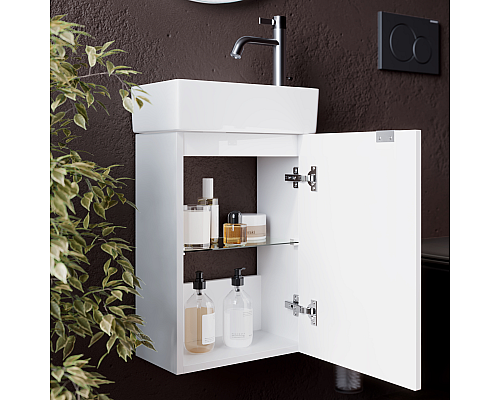 Тумба под раковину SANCOS Mini R 355х205х500, 1 полка, белый глянец Тумба под раковину SANCOS Mini R 355х205х500, 1 полка, белый глянец