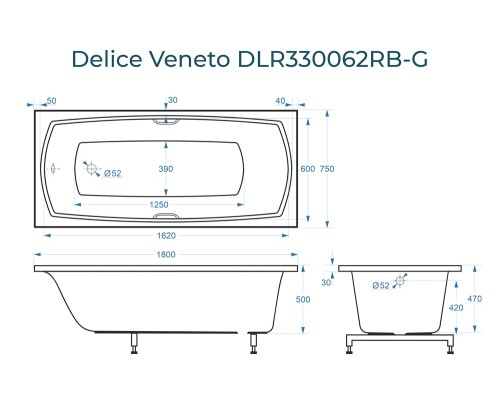 Ванна из литьевого мрамора Delice Veneto 180х75 глянцевая с черными ручками