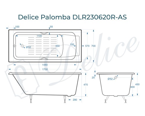 Ванна чугунная Delice Palomba 170х70 с отверстиями под ручки и антискользящим покрытием