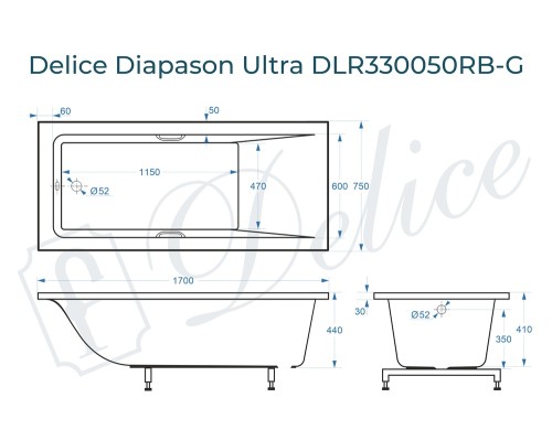 Ванна из литьевого мрамора Delice Diapason Ultra с узким бортом 170х75 глянцевая с черными ручками