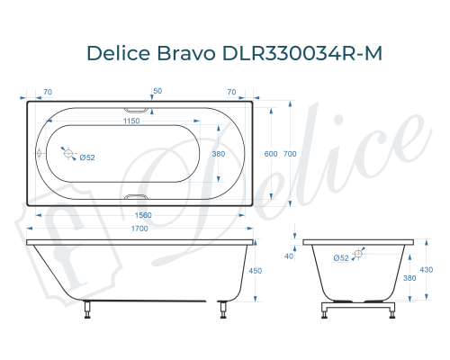 Ванна из литьевого мрамора Delice Bravo 170х70 матовая с ручками Хром
