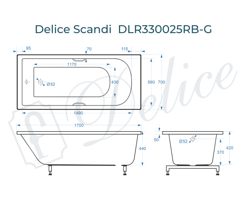 Ванна из литьевого мрамора Delice Scandi 170х70 глянцевая с черными ручками