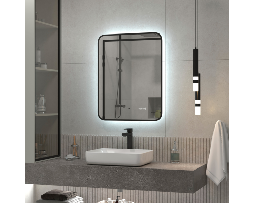 Зеркало Reflection Black View с подсветкой, бесконтактным сенсором, часами 50х70