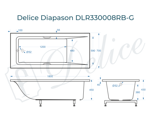 Ванна из литьевого мрамора Delice Diapason 180х70 глянцевая с черными ручками