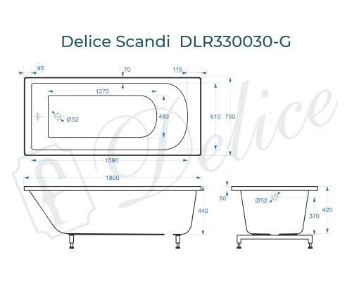 Ванна из литьевого мрамора Delice Scandi 180х75 глянцевая