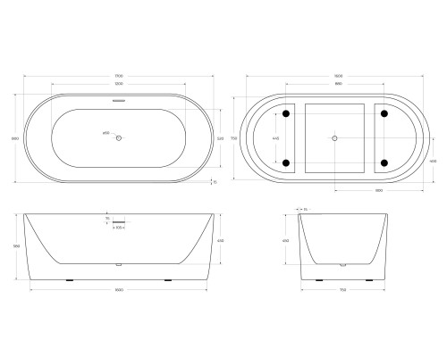 Акриловая ванна BelBagno 170x80 BB411-1700-800-MATT без гидромассажа