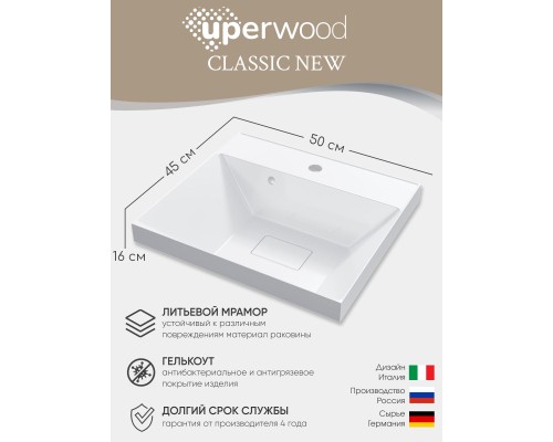Раковина для ванной 50 см, Uperwood Classic New, белая глянцевая, с накладкой для слива