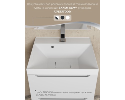Раковина для ванной 50 см, Uperwood Classic New, белая глянцевая, с накладкой для слива