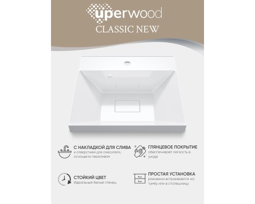 Раковина для ванной 50 см, Uperwood Classic New, белая глянцевая, с накладкой для слива