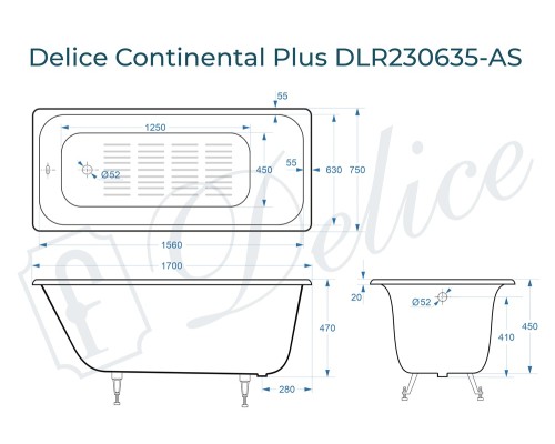 Ванна чугунная Delice Continental PLUS 170х75 с антискользящим покрытием