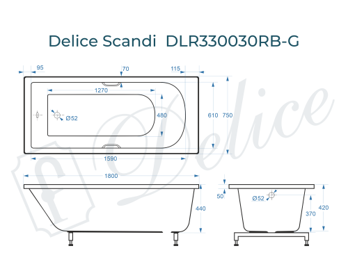 Ванна из литьевого мрамора Delice Scandi 180х75 глянцевая с черными ручками