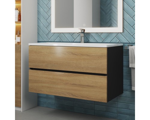 Тумба с раковиной подвесная Uperwood Barsa 90х45х57 см, черная/дуб сонома