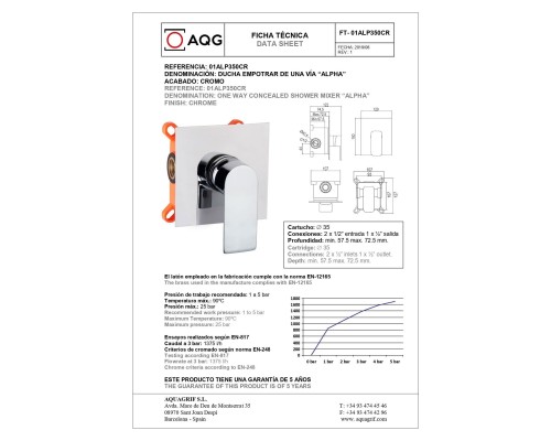 Встраиваемый смеситель AQG Alpha, для душа, хром