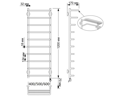 Полотенцесушитель латунный Secado Мерида 2 40х120, электрический R, бронза