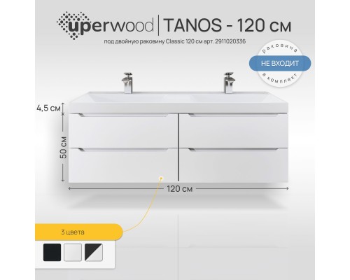Тумба под двойную раковину подвесная Uperwood Tanos 120х45х50 см, белая, 4 ящика