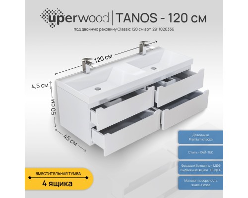Тумба под двойную раковину подвесная Uperwood Tanos 120х45х50 см, белая, 4 ящика