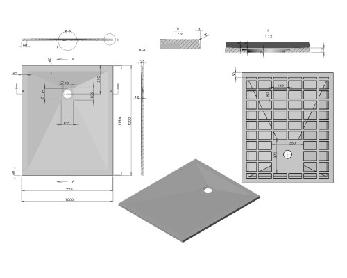 Поддон для душа из искусственного камня Vincea VST-4SR1012G 1200x1000x25 серый