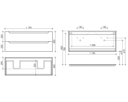 Тумба под раковину SANCOS Norma 2.0 1190х450х500 2W, c двумя ящиками, белый глянец