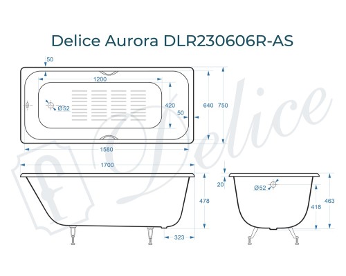 Ванна чугунная Delice Aurora 170х75 с отверстиями под ручки и антискользящим покрытием