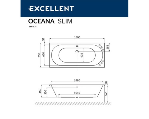Ванна EXCELLENT Oceana Slim 160x75 "SMART" (белый)