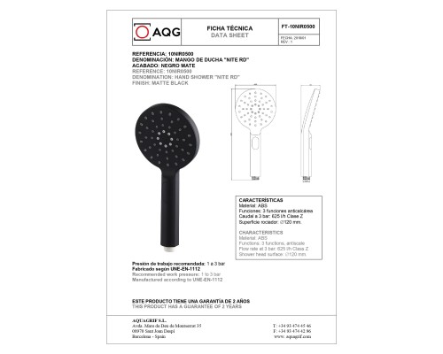 Ручной душ антикальцевый AQG NITE RD 120 мм, 2х режимный, черный матовый