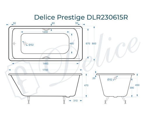 Ванна чугунная Delice Prestige 170х80 с отверстиями под ручки