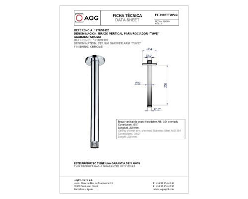 Потолочный круглый кронштейн AQG TUVE длиной 20 см, для верхнего душа, хром