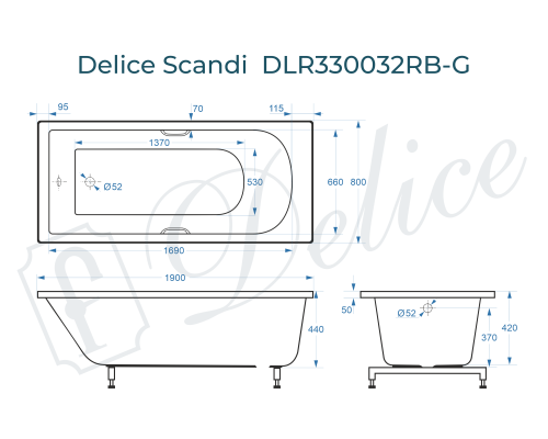 Ванна из литьевого мрамора Delice Scandi 190х80 глянцевая с черными ручками