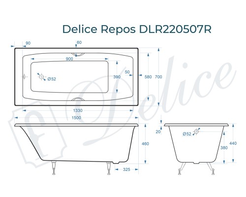 Ванна чугунная Delice Repos 150х70 с черными матовыми ручками