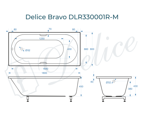 Ванна из литьевого мрамора Delice Bravo 180х80 матовая с ручками Хром