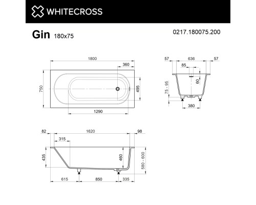 Ванна WHITECROSS Gin 180x75 (белый мат) иск. камень