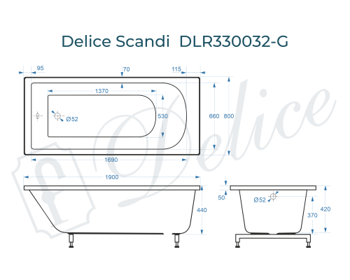 Ванна из литьевого мрамора Delice Scandi 190х80 глянцевая