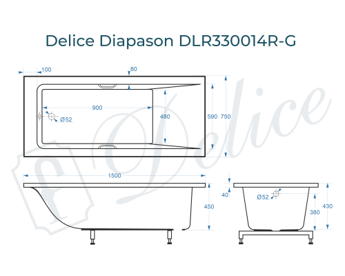 Ванна из литьевого мрамора Delice Diapason 150х75 глянцевая с ручками Хром