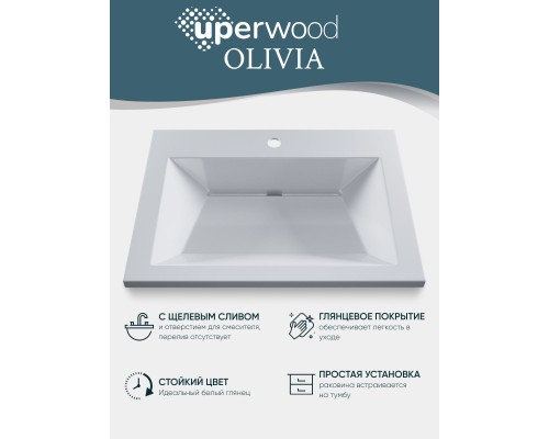 Раковина для ванной 60 см, Uperwood Olivia, с щелевым сливом, белая глянцевая