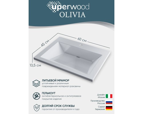 Раковина для ванной 60 см, Uperwood Olivia, с щелевым сливом, белая глянцевая
