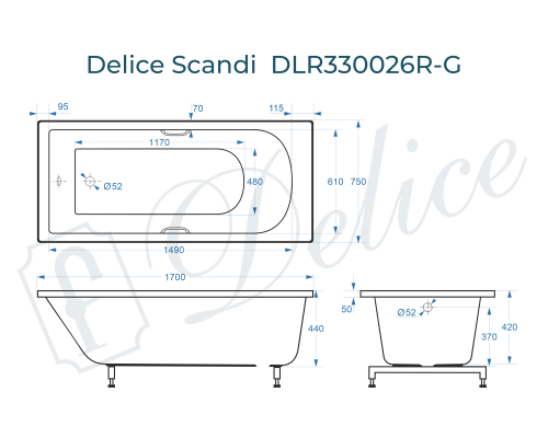 Ванна из литьевого мрамора Delice Scandi 170х75 глянцевая с ручками Хром