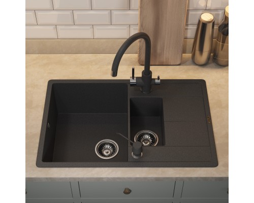 Кухонная мойка кварцевая Uperwood Quartz UPD-05-04, прямоугольная двухсекционная, черная