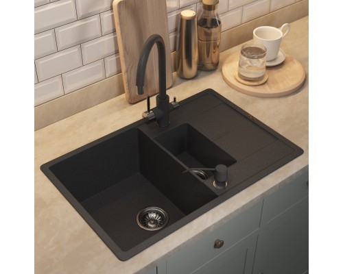 Кухонная мойка кварцевая Uperwood Quartz UPD-05-04, прямоугольная двухсекционная, черная