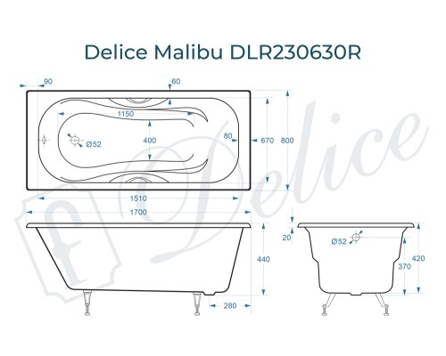 Ванна чугунная Delice Malibu 170х80 с отверстиями под ручки