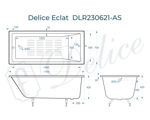 Ванна чугунная Delice Eclat 170х70 с антискользящим покрытием