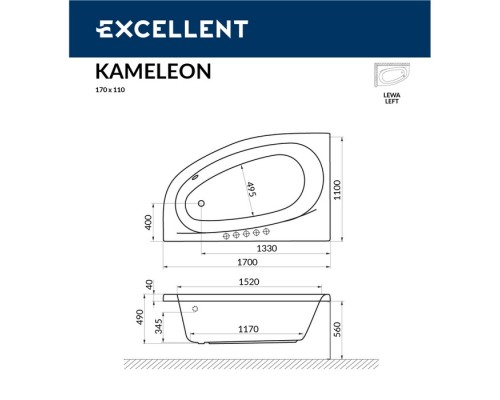 Ванна гидромассажная EXCELLENT Kameleon 170x110 L NANO золото
